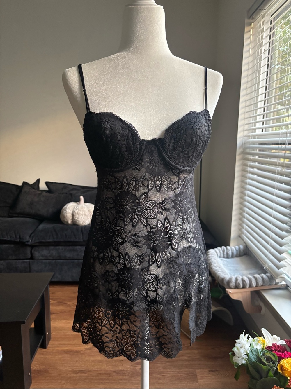 Victoria Secret Sheer Black Lace Floral Chemise with Underwire Cups